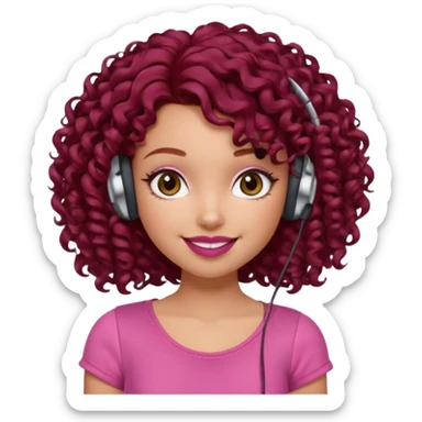 generate a pretty bratz girl curly dark red hair, brown lipstick on, wired earphones on, smiling sticker