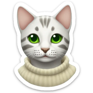 a bald cat with green eyes and a New Year's sweater sticker