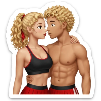 athletic man, high top fade, blonde curly hair only top only, no shirt and Athletic girl with long light red wavy long hair and black sports, Put them together kissing, or holding hands give the girl red hair and a long skirt sticker