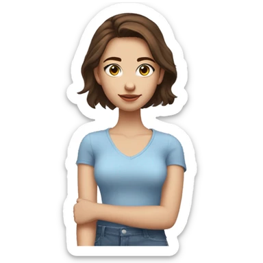 19 year old girl with dark brown auburn hair and slightly bushy eyebrows with blue eyes, short eyelashes and gold earrings wearing a top that says “milana” on sticker