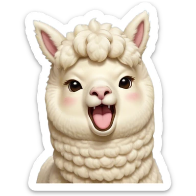 Cinematic Cute Yawning Cream Alpaca Portrait Emoji, Head tilted slightly with a dramatic, wide-open yawn, showcasing a soft, fluffy cream fleece with subtly drooping ears, round gentle eyes barely open in drowsy contentment, Simplified yet irresistibly adorable features, highly detailed, glowing with a soft, cozy glow, high shine, relaxed yet expressive, stylized with a touch of whimsy, bright and endearing, soft glowing outline, capturing the essence of a sleepy yet affectionate alpaca, so drowsy it feels like it could stretch out of the screen and curl up for a nap! sticker