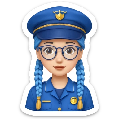 blue uniform wearing scout kid with braids and glassess with blue hat sticker