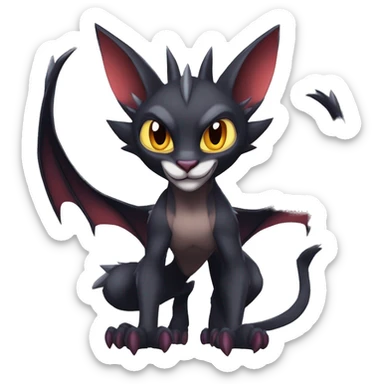 Black cool vampiric Noivern-Litten-Lykoi-Caracal-Fakemon with big bat ears and big fangs full-body sticker