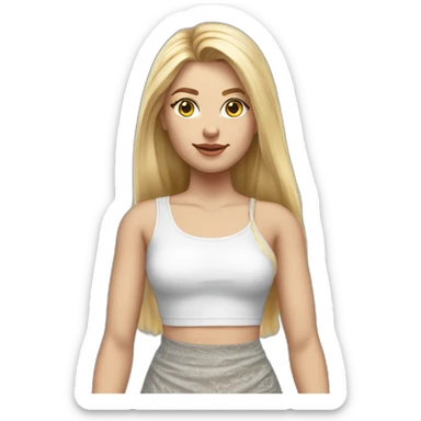 hyperrealistic caucasian female, long straight blonde hair, grey mini pencil skirt, white lace up crop tanktop sticker