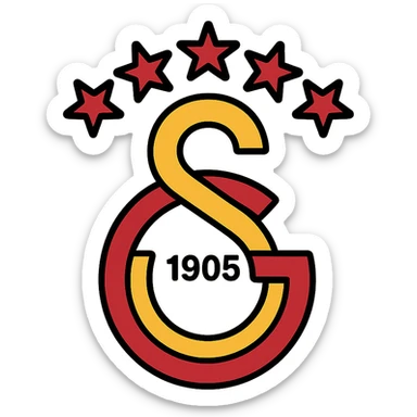 Galatasaray football club emblem with 5 stars on top, yellow and red colors, vector and simple appearance, no background sticker
