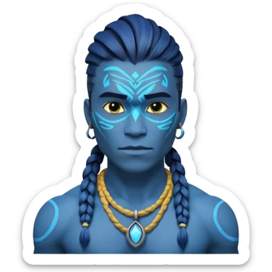 avatar-style Na’vi male portrait, head and shoulders only, blue skin, bioluminescent markings, strong face features, braided hair, tribal necklace, heroic expression, 3D cartoon, mobile game icon style, clean background, no text, no watermark
 sticker