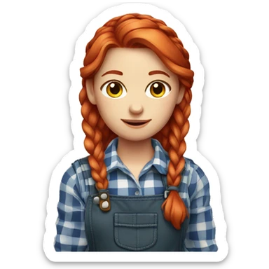 Farmer girl, red hair with braid, and plaid shirt and overalls  sticker