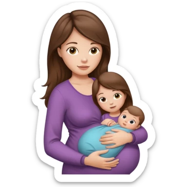 "Pregnant woman sitting with long brown hair and fair skin, holding a baby with short brown hair and fair skin." sticker