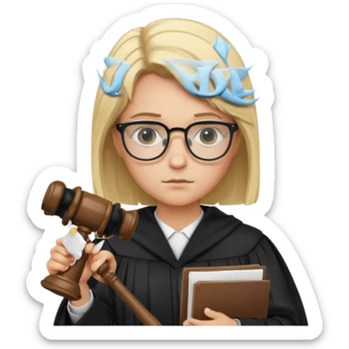 Young judge, blonde hair with glasses and robe, hold a paper and gavel sticker