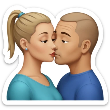 Mid aged buzzed man kissing mid aged dark blonde white woman. She’s wearing a ponytail  sticker