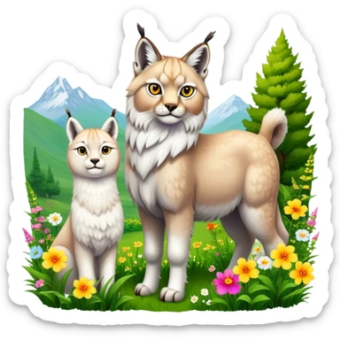 Collage of exotic animals: a lynx with striking eyes, and a fluffy alpaca standing in a lush meadow. The lynx gazes intently while the alpaca looks calm and curious. Surrounded by vibrant plants and flowers. Transparent background for a lively, colorful scene. sticker