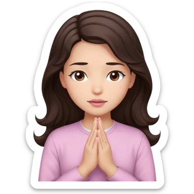girl with wavy long glamorous dark brown hair, brown eyes, light to medium complexion, long lashes, light pink lipstick, praying, wearing light pink shirt sticker