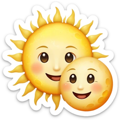 a really bright  big sun and a small moon who shines because of it. the sun is bigger and the tiny \moon bright too beside it smiling sticker
