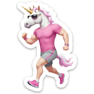 friendly anthropomorphised male white unicorn with a fit, chunky, muscular and strong physique, arms and legs matching the white of the head, in grey shorts and pink t-shirt, wearing dark sunglasses, jogging upright in a standard pose sticker
