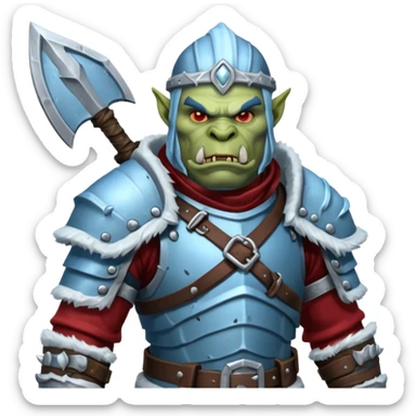 
Fantasy Christmas orc legion soldier icon, iron tundra army theme, heavy winter armor, disciplined brutal look, icy blue steel armor with deep crimson accents, frozen metal texture, cold winter atmosphere, male variant sticker