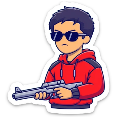 A guy in a red sweatshirt with sunglasses, with stylish black hair, holding a machine gun, and behind his back you can see the inscription: PRED sticker