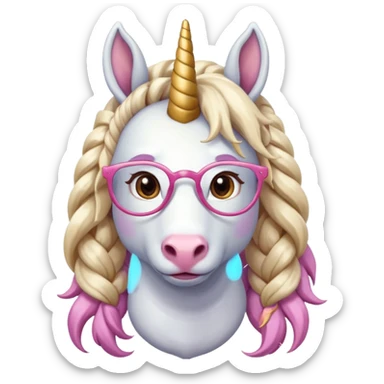 braided unicorn wiith big visible braids looking into the camera spectacled sticker