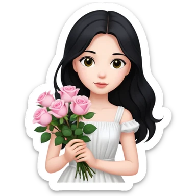 A beautiful girl with long black hair and a white dress is holding a bouquet of pink roses sticker