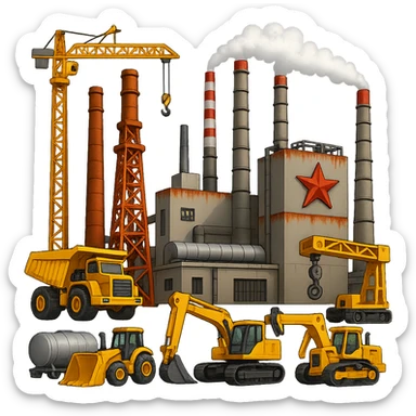 Add more heavy machinery, cranes, and industrial equipment to the Soviet heavy equipment plant in emoji style, with no background. sticker