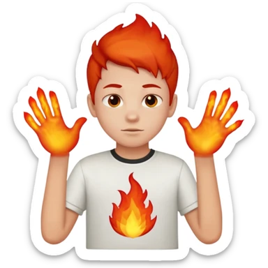 A boy with no hands fire instead made out of red fire and the boy is wearing a shirt that says FIRE C sticker
