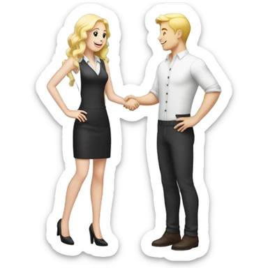 restaurant owner with white skin and blogger with white skin and blonde hair shaking hands in full height sticker