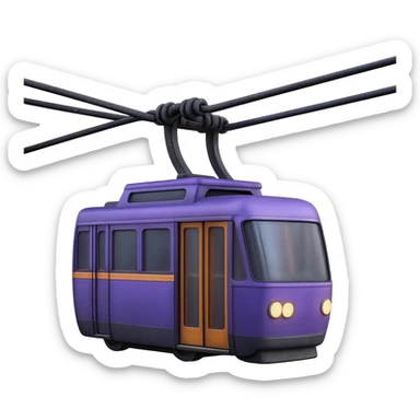 Add realistic textures, visible windows, cables, and 3D lighting effects to the purple cable car, enhancing its detail with a matte glass 3D style. sticker
