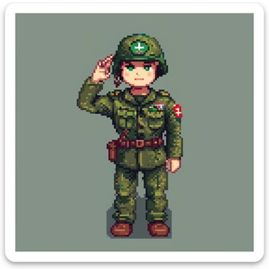 robloxian military man, exaggerated blocky limbs and torso, green army uniform, helmet, saluting, minimal background sticker