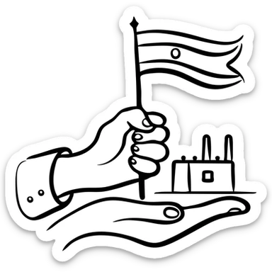 government hand taking control of factory with Indian flag, representing nationalization sticker