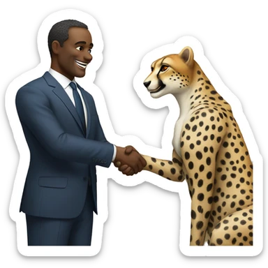 A cheetah in a classic suit shakes hands with a man  sticker