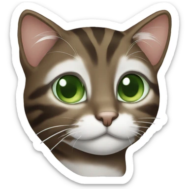 Dark brown tabby cat with Green eyes and white neck sticker