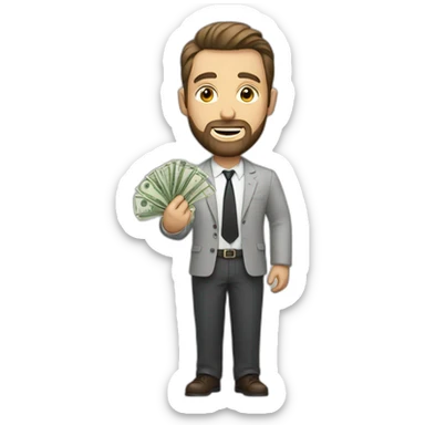 a white man with a short haircut and a beard with money in his hand sticker