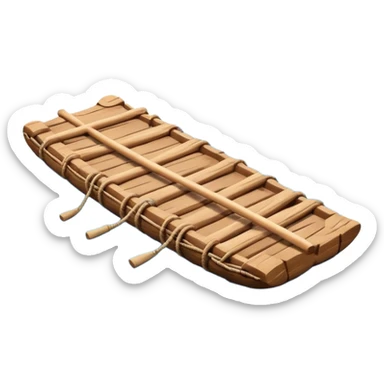 showing a simple wooden raft floating on calm blue water — made of several brown logs tied together with rope — gentle ripples around it — bright, cheerful lighting and soft shadows — minimalist, clean emoji design sticker