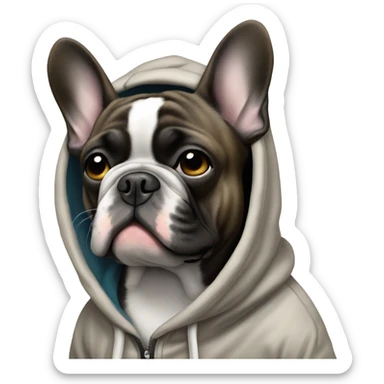 old brindle french bulldog wearing a hoodie sticker