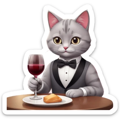 A sophisticated cat wearing a tiny bowtie, sitting at a restaurant table, holding a glass of red wine with a paw, soft lighting, elegant background, cartoonish and cute style, minimal details, emoji design. sticker