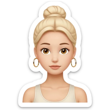 “Emoji girl, flawless skin, light peach blush, natural fluffy brows, glossy nude lips, sleek low bun, small gold hoops, minimalist white tank top.” sticker