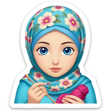 Turkish beautiful finish Konya girl blue eyes with floral hijab does knitting  sticker