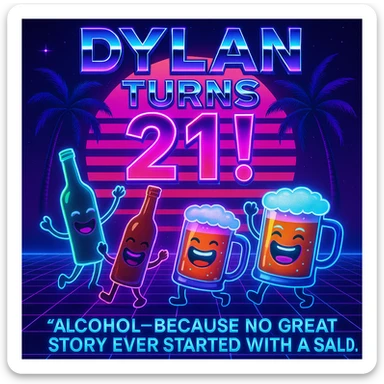 Completely change the style to vaporwave: neon colors, retro 80s grid, palm trees, synthwave sunset, chrome text, and keep the funny drink quote. Make it look digital and bold. sticker