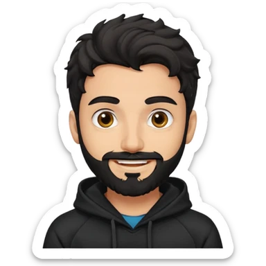 young fair skin pakistani guy smiling with black beard, wavy hair pushed back and brown eyes and thick eyebrows wearing black hoodie sticker