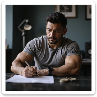 Coach di bodybuilder atletico seduto a una scrivania in ufficio o studio, scrive un protocollo semplice di sostanze chimiche per un atleta, con fiale, siringhe e integratori sulla scrivania, atmosfera realistica, dettagli iperrealistici 4K, ambiente professionale. sticker