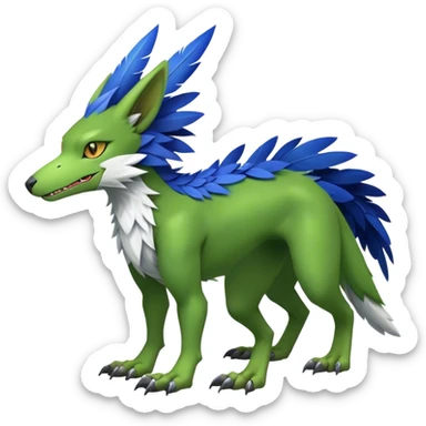 Cute cool fantasy animal hybrid bat-Sergal-Digimon-Fakemon full body, green scales, brown eyes, blue feathers sticker