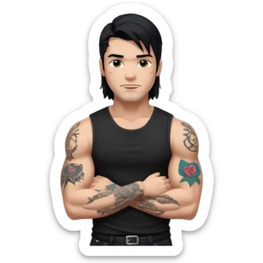 a guy with mullet and tattoos. Black hair.lean but Muscled. wearing a black sleeveless tee sticker