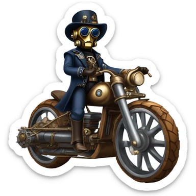 Old west Bounty hunter C-3PO wearing a pair of navy-blue rimmed steampunk goggles, hat, leather chaps, fringe jacket riding a fast sporty 3 wheeler trike steampunk motorcycle in desert town  sticker