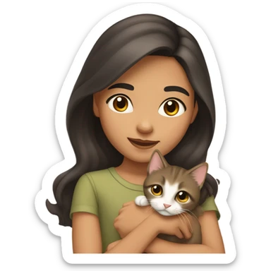 14 year old Eurasian girl with dark brown hair neutral tan olive skin long brown hair and brown eyes with arched brows holding a kitten sticker