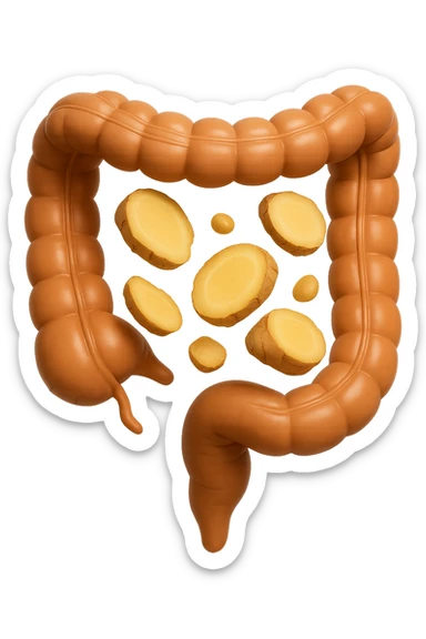 emoji stile iphone 3d di piccoli pezzi di zenzero che fluttuano in aria con pezzi di colon arrotolati intorno, iperrealistico 4k sticker