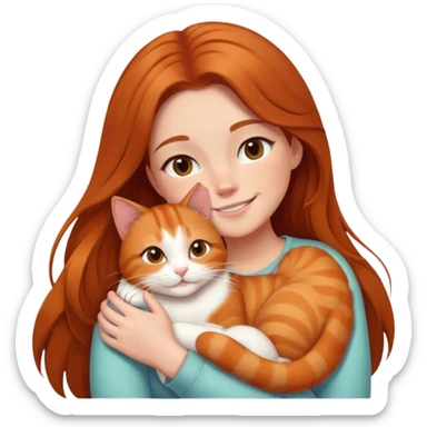 smiling girl with long hair cuddling a ginger cat with white paws  sticker