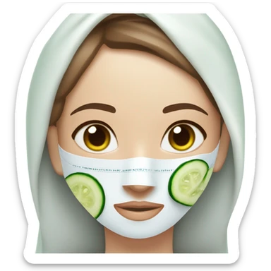 Girl with freackles Brown hair white skin and blue eyes wears Green colored texture skin care mask all over her face while She relaxes and puts two round piece of cucumber on her closed eyes In a white Robe sticker