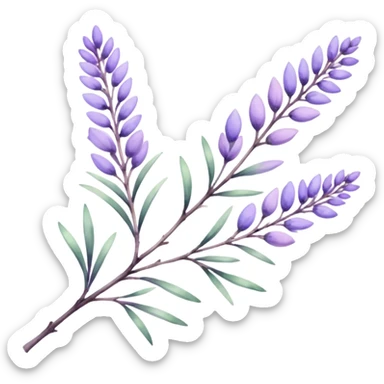 The art style is clean line art with delicate watercolor textures, pastel colors, and a dominant palette of lavender, soft lilac, and muted purple. Let the branch be more elongated sticker
