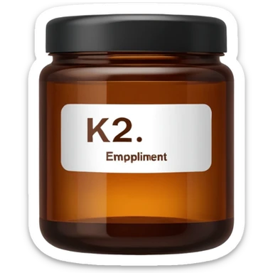 brown glass jar of supplements with white label, black thin title K2  sticker
