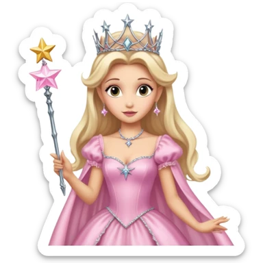 glinda the good witch from wicked movie (ariana grande) blonde hair, beautiful, big silver thin tiara, star wand, pink gown sticker