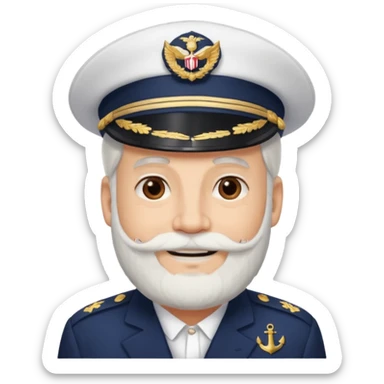 A light-skinned mid-aged man with brown eyes and white beard, smiling while wearing a white captain’s hat with a navy emblem. sticker